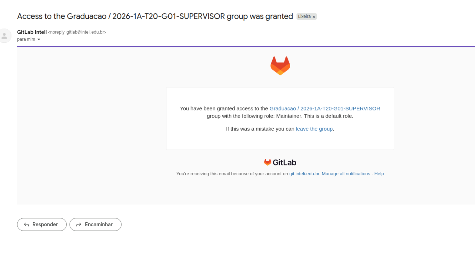 E-mail do GitLab confirmando acesso a um grupo/repositório.