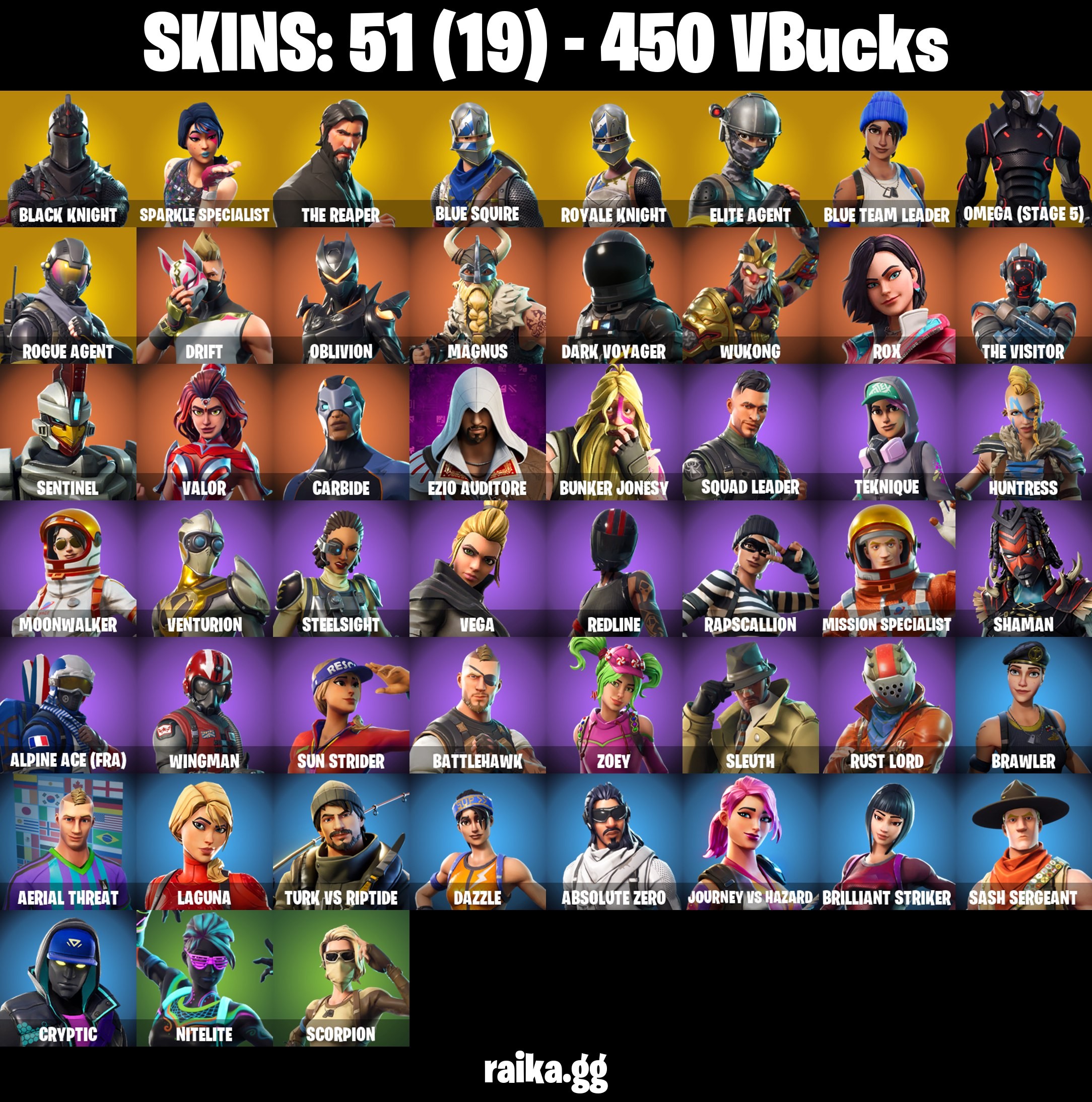 Fortnite Account ( PLAYSTATION / XBOX / PC / MOBILE / NINTENDO ) BLACK KNIGHT, SPARKLE SPECIALIST, FLOSS, THE REAPER, TAKE THE L, MAKO, OMEGA (STAGE 5) (51 Skins)