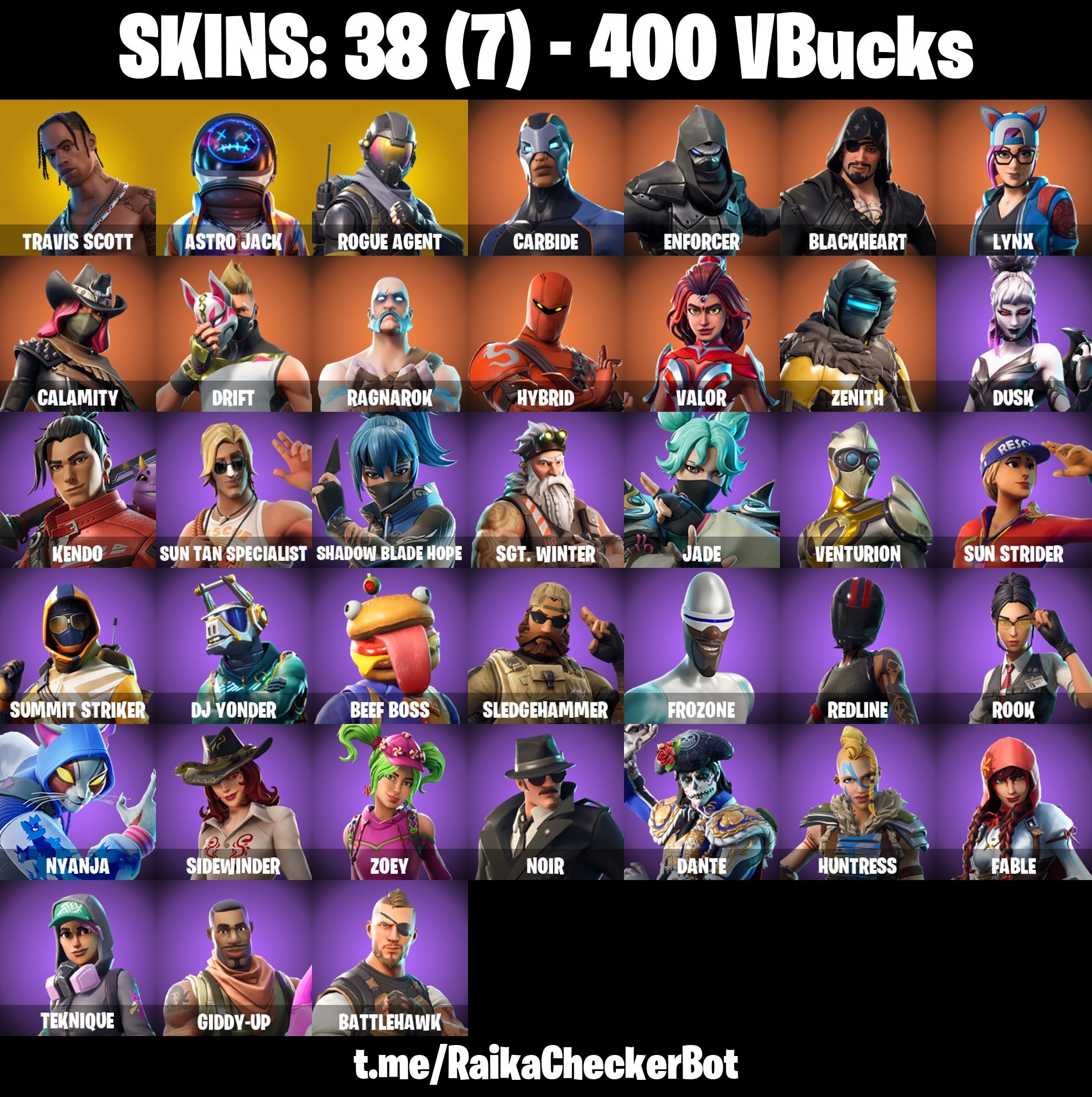 Fortnite Account ( PLAYSTATION / XBOX / PC / MOBILE / NINTENDO ) TRAVIS SCOTT, ASTRO JACK, ROGUE AGENT, CARBIDE, HYBRID (38 Skins)