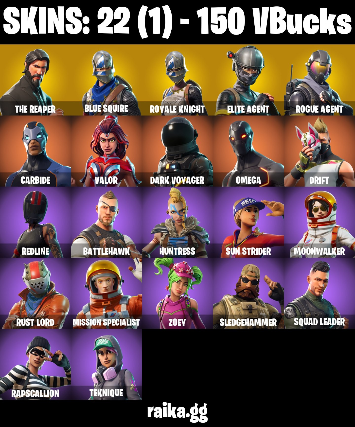 Fortnite Account ( PLAYSTATION / XBOX / PC / MOBILE / NINTENDO ) THE REAPER, BLUE SQUIRE, TAKE THE L, ROYALE KNIGHT, ROGUE AGENT (22 Skins)