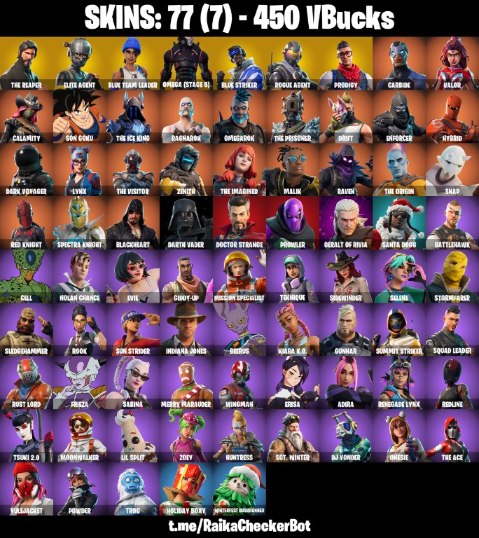 Fortnite Account ( PLAYSTATION / XBOX / PC / MOBILE / NINTENDO ) The Reaper, Take The L, Elite Agent, Omega (Stage 5), Rogue Agent, Blue Striker (77 Skins)