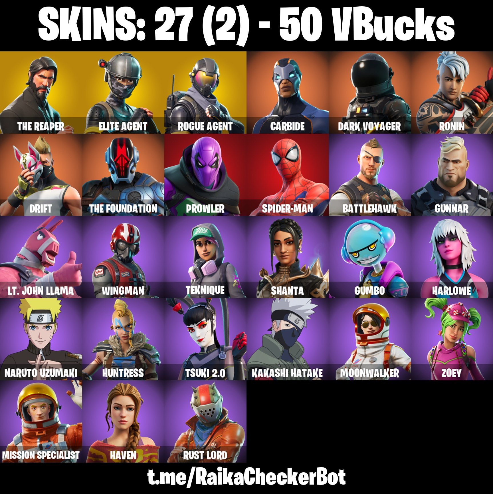 Fortnite Account ( PLAYSTATION / XBOX / PC / MOBILE / NINTENDO ) The Reaper, Take The L, Spider-Man, Carbide, Drift, Elite Agent (27 Skins)