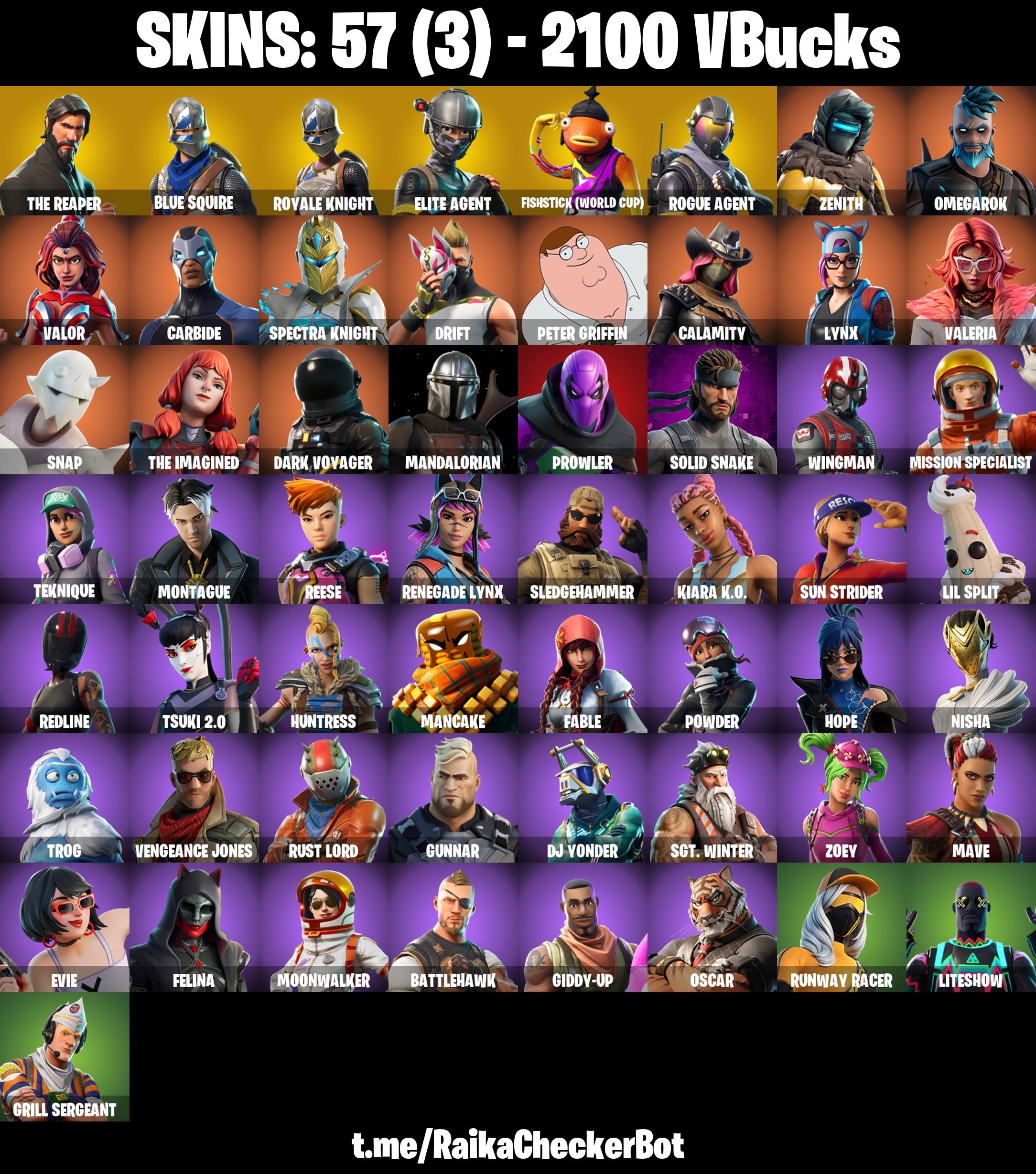 Fortnite Account ( PLAYSTATION / XBOX / PC / MOBILE / NINTENDO ) The Reaper, Blue Squire, Royale Knight, Take The L, Fishstick (World Cup) (57 Skins)