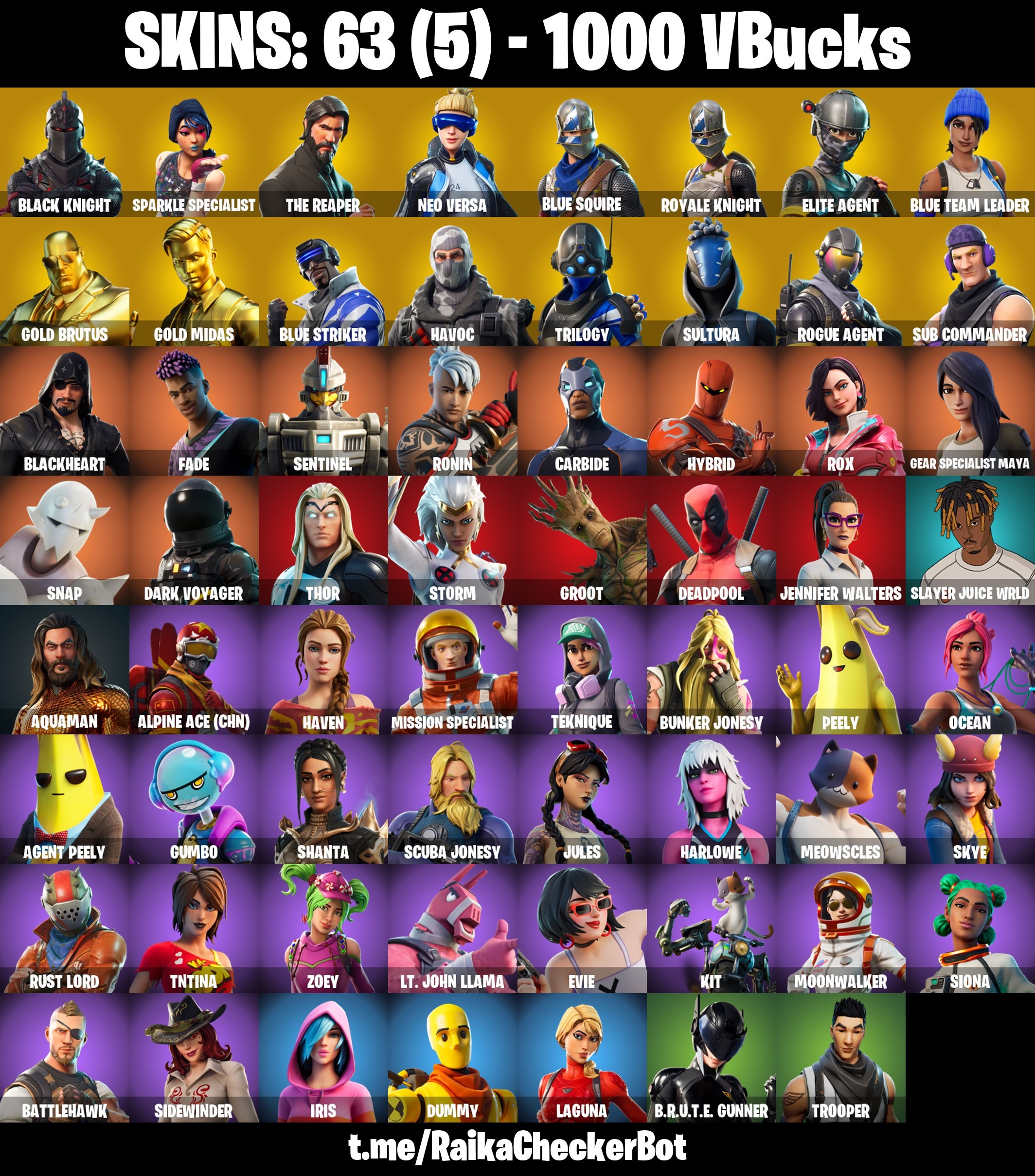 Fortnite Account ( PLAYSTATION / XBOX / PC / MOBILE / NINTENDO ) (Black Knight, Sparkle Specialist, Neo Versa, Gold Midas, Elite Agent, AC/DC) (63 Skins)
