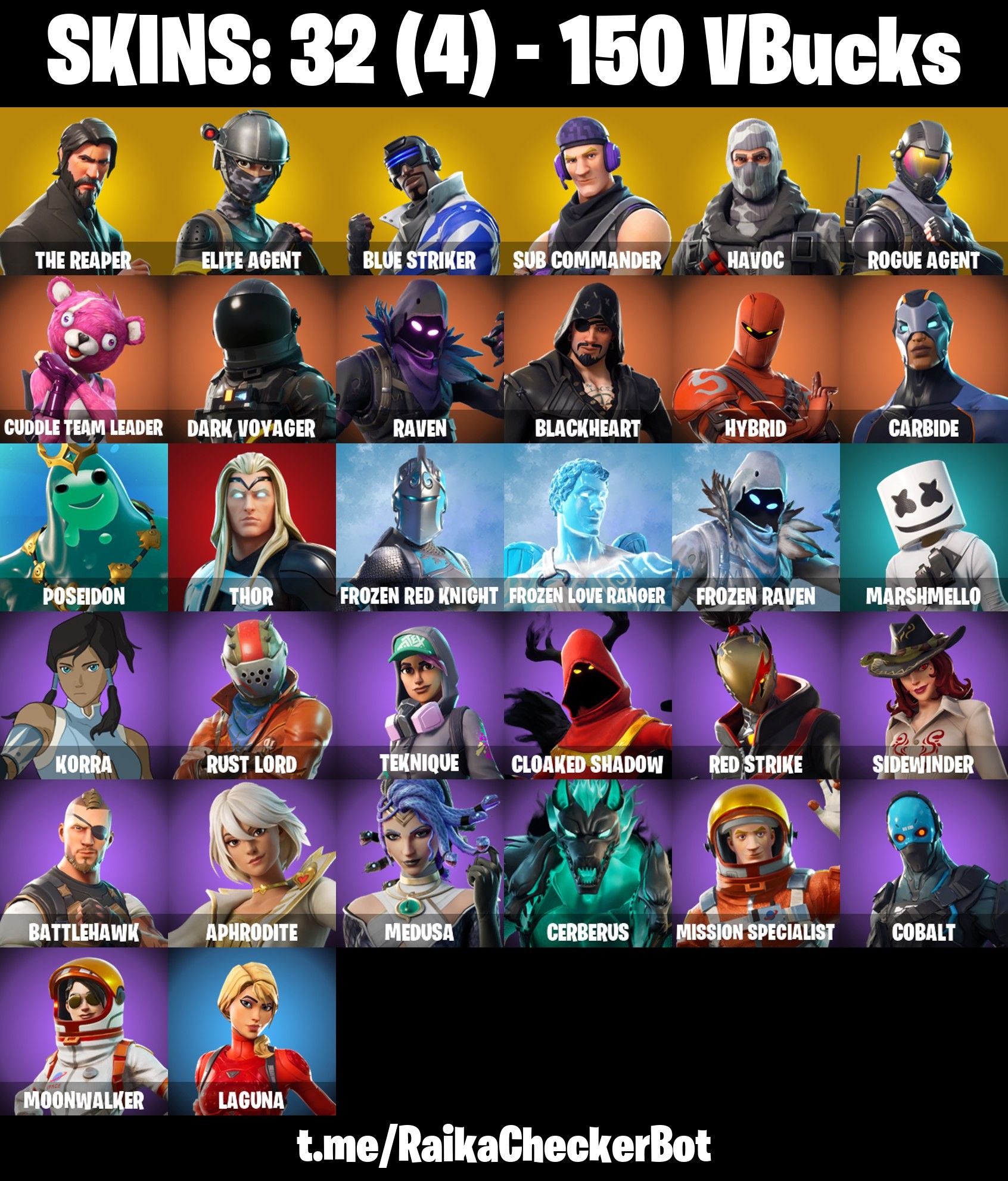 Fortnite Account ( PLAYSTATION / XBOX / PC / MOBILE / NINTENDO ) (The Reaper, Take The L, Blue Striker, Sub Commander, Elite Agent) (32 Skins)