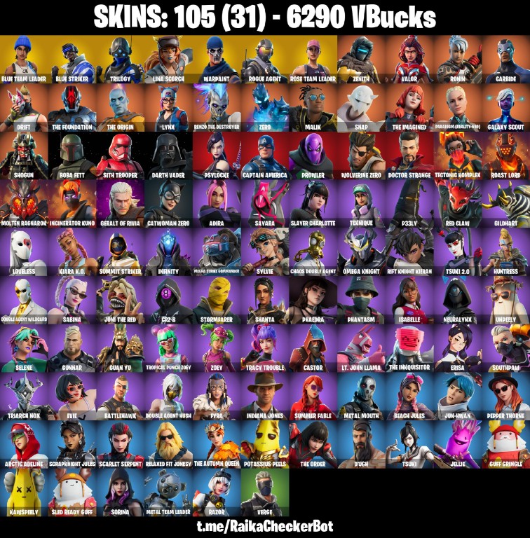 Fortnite Account ( PLAYSTATION / XBOX / PC / MOBILE / NINTENDO ) (Ultimate Edition, 6290 V-BUCKS, OG STW, Rogue Agent, Galaxy Scout, Drift, Captain America) (105 Skins)