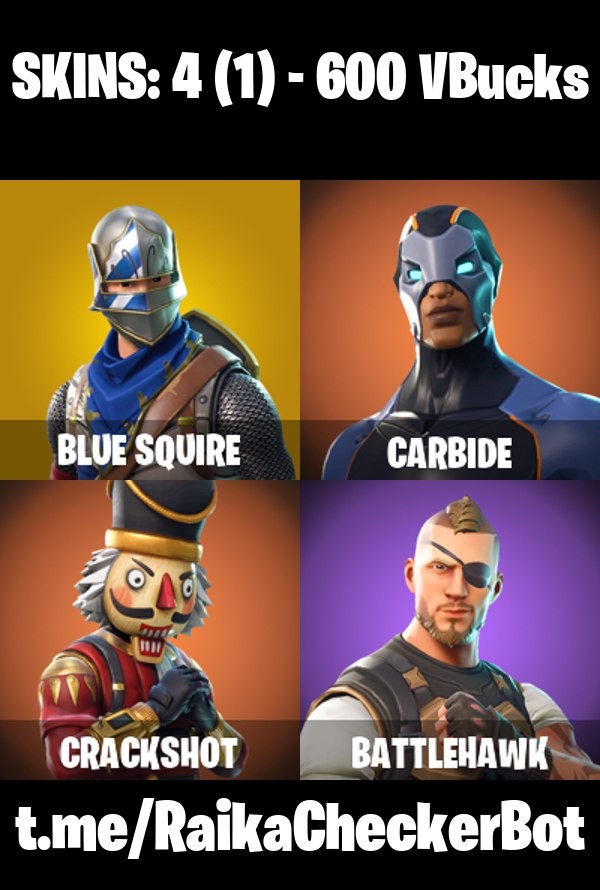 Fortnite Account ( PLAYSTATION / XBOX / PC / MOBILE / NINTENDO ) (Blue Squire, 600 V-BUCKS, Carbide, Crackshot, Battlehawk) (4 Skins)