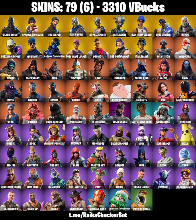 Fortnite Account ( PLAYSTATION / XBOX / PC / MOBILE / NINTENDO ) (Black Knight, Sparkle Specialist, Blue Squire, Havoc, AC/DC, The Reaper, Floss, OG STW) (79 Skins)