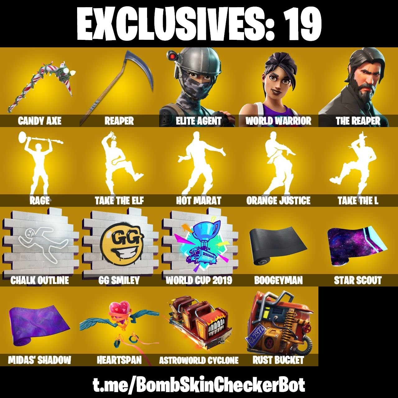 Fortnite Account ( PLAYSTATION / XBOX / PC / MOBILE / NINTENDO ) The Reaper, Hot Marat, World Warrior, Take The L, Rage, Rogue Agent, Elite Agent, Take The Elf, Rust Bucket, Candy Axe (130 Skins)