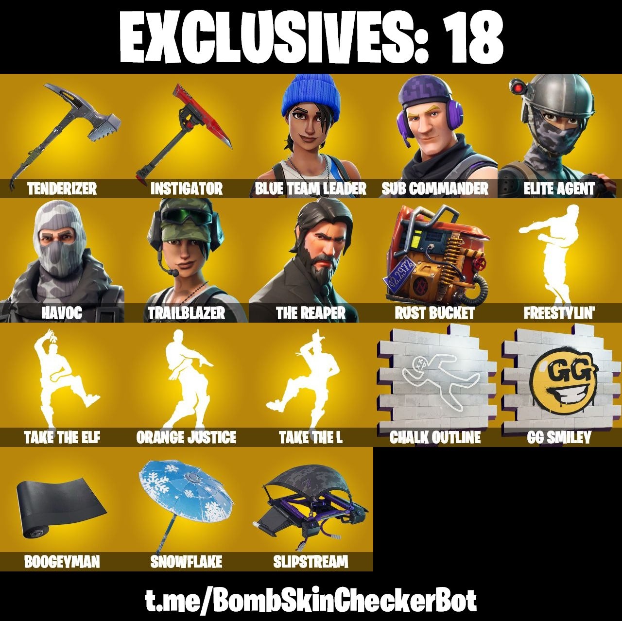 Fortnite Account ( PLAYSTATION / XBOX / PC / MOBILE / NINTENDO ) The Reaper, Take The L, Trailblazer, Rogue Agent, Freestylin, Elite Agent, Havoc, Take The Elf, Sub Commander (104 Skins)