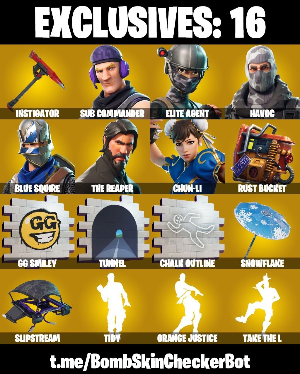 Fortnite Account ( PLAYSTATION / XBOX / PC / MOBILE / NINTENDO ) Chun Li, Blue Squire, The Reaper, Take The L, Ryu, Rogue Agent, Elite Agent, Havoc, Tidy, Sub Commander, Rust Bucket (101 Skins)