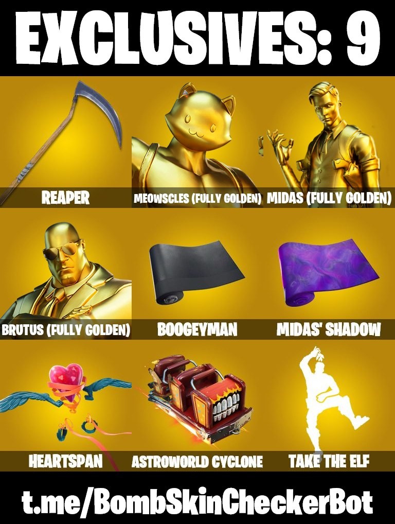 Fortnite Account ( PLAYSTATION / XBOX / PC / MOBILE / NINTENDO ) Midas (Fully Golden), Take The Elf, Reaper Axe, Star Wand, Tony Stark, Darth Vader, Sasuke Uchiha, Lara Croft, Neymar Jr (171 Skins)
