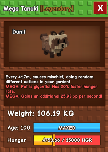 Level 100 Mega Titanic Tanuki | 106.19 KG | Biggest Tanuki  | 1 of 1 | Giant Tanuki  | Huge Tanuki  | Titan Tanuki