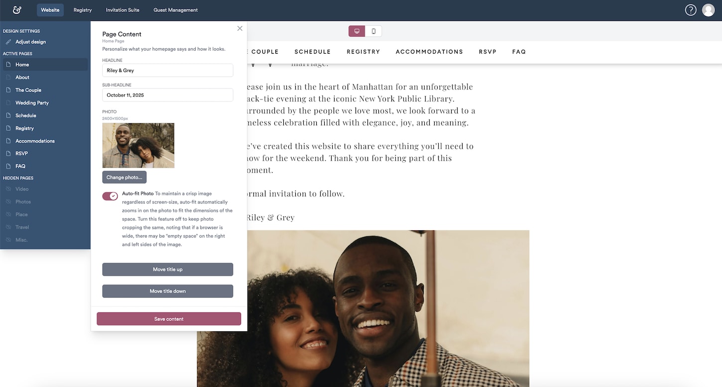 Wedding website editor