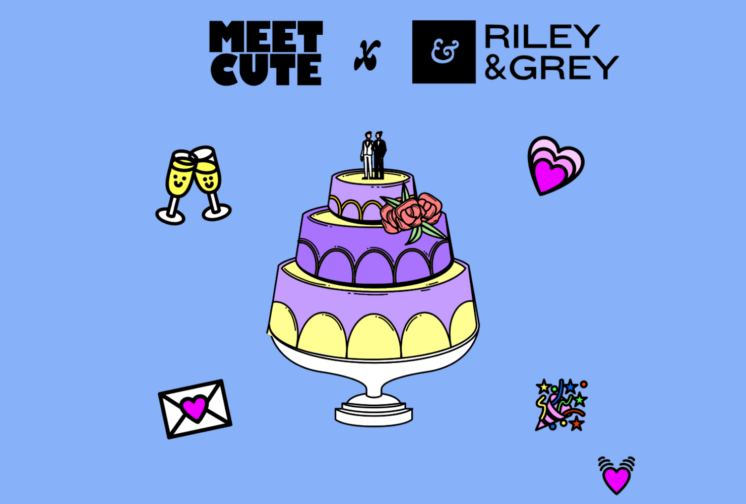 illustrated image of a wedding cake, champagne glasses and hearts with the Meet Cute and Riley & Grey logos