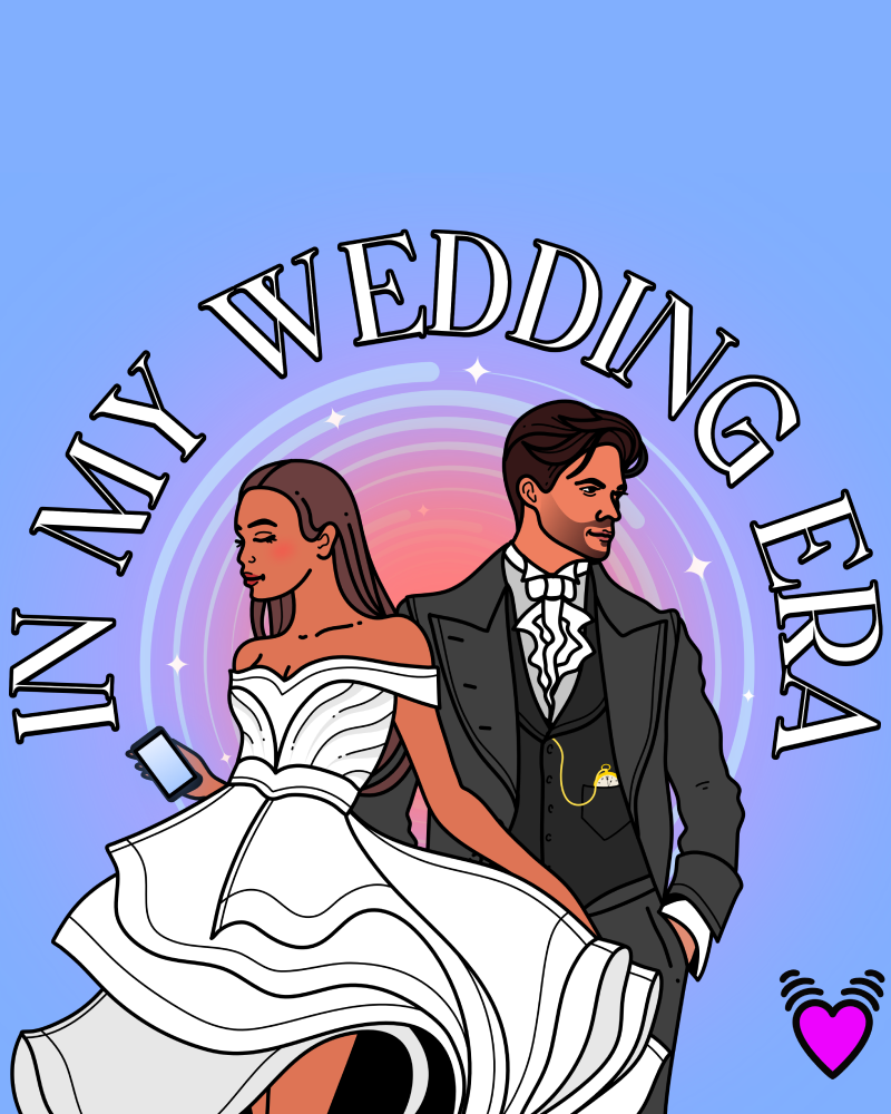 illustrated image of a bride holding a phone and groom