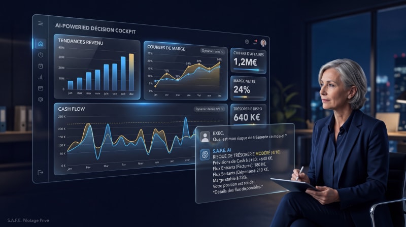 Interface cockpit décisionnel IA avec indicateurs temps réel et requête en langage naturel pour dirigeant de PME