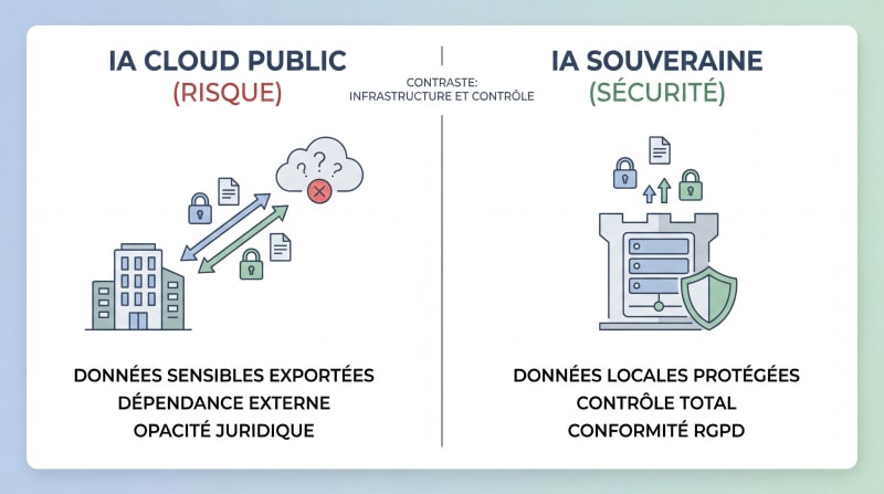 Comparatif IA souveraine vs IA cloud public pour PME : données locales protégées et conformité RGPD à gauche, données exportées et opacité juridique à droite