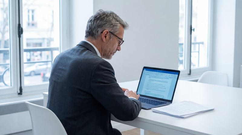 Dirigeant de PME face à une checklist de conformité RGPD et IA sur son écran — obligations réglementaires 2026