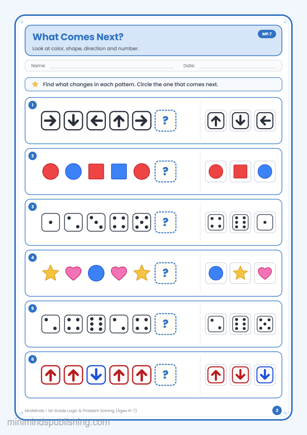What Comes Next? — free printable 1st Grade logic & problem solving worksheet for ages 6-7 (Common Core MP.7)