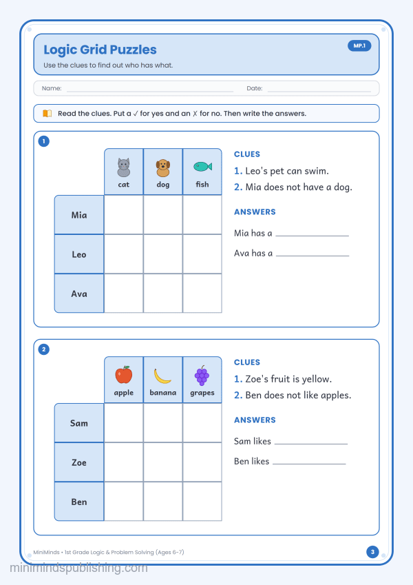 Logic Grid Puzzles — free printable 1st Grade logic & problem solving worksheet for ages 6-7 (Common Core MP.1)