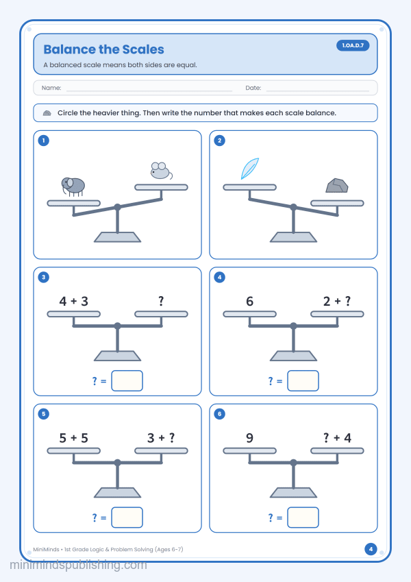 Balance the Scales — free printable 1st Grade logic & problem solving worksheet for ages 6-7 (Common Core 1.OA.D.7)