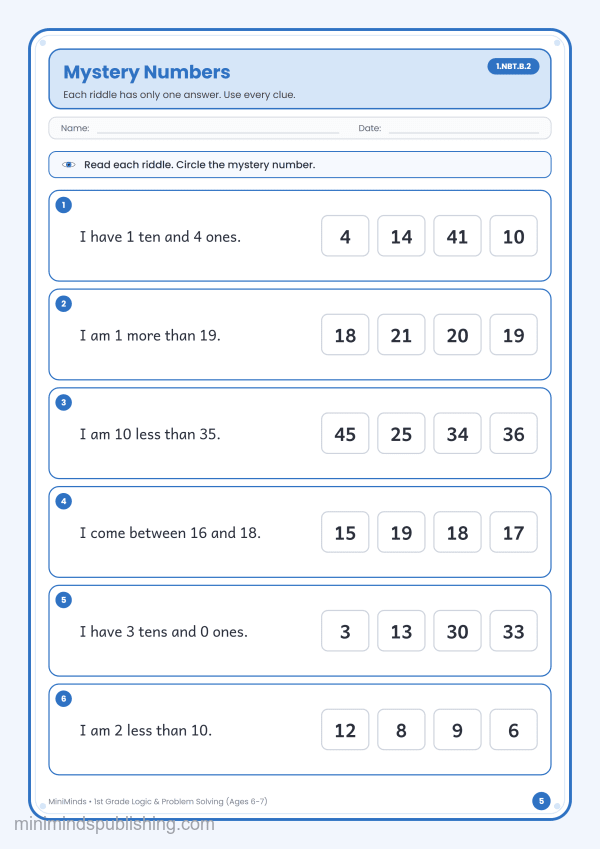 Mystery Numbers — free printable 1st Grade logic & problem solving worksheet for ages 6-7 (Common Core 1.NBT.B.2)