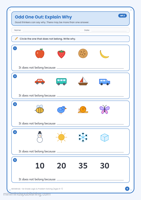 Odd One Out: Explain Why — free printable 1st Grade logic & problem solving worksheet for ages 6-7 (Common Core MP.3)