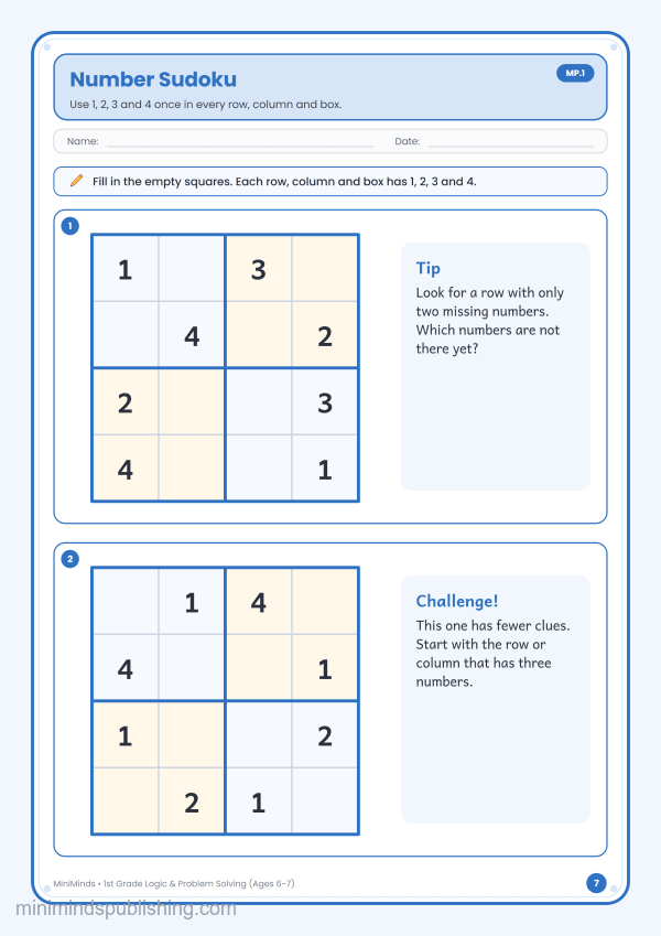 Number Sudoku — free printable 1st Grade logic & problem solving worksheet for ages 6-7 (Common Core MP.1)