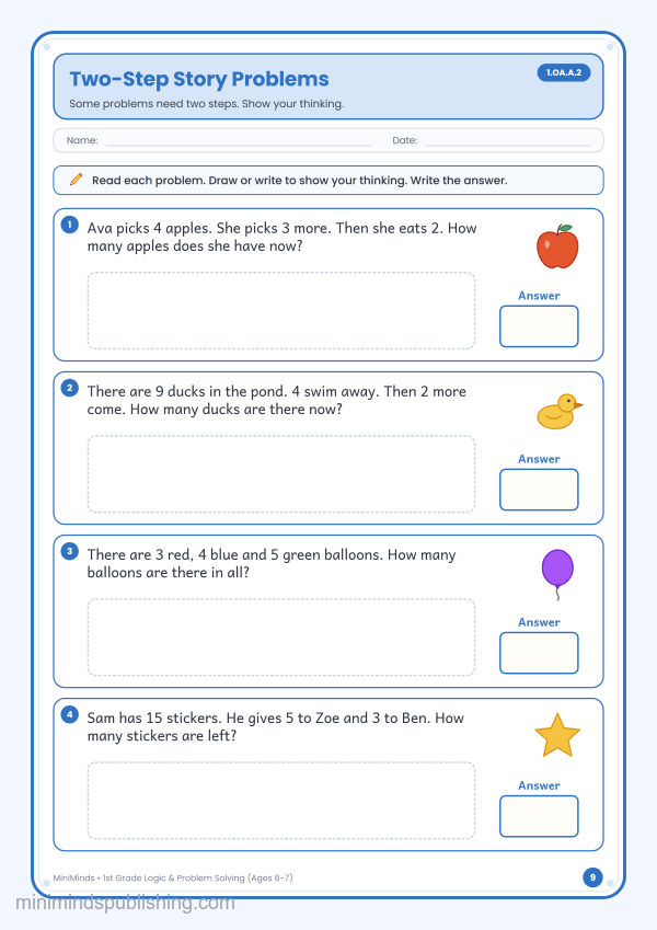 Two-Step Story Problems — free printable 1st Grade logic & problem solving worksheet for ages 6-7 (Common Core 1.OA.A.2)