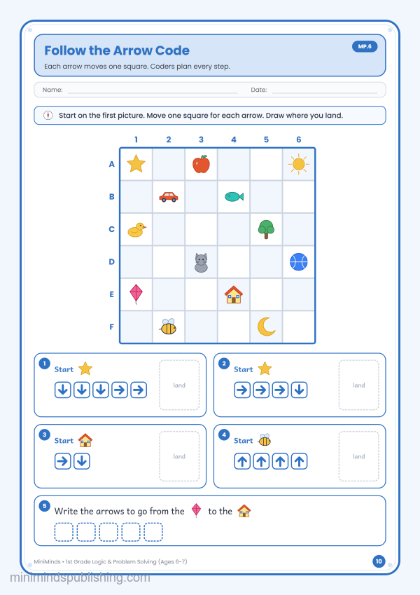 Follow the Arrow Code — free printable 1st Grade logic & problem solving worksheet for ages 6-7 (Common Core MP.6)