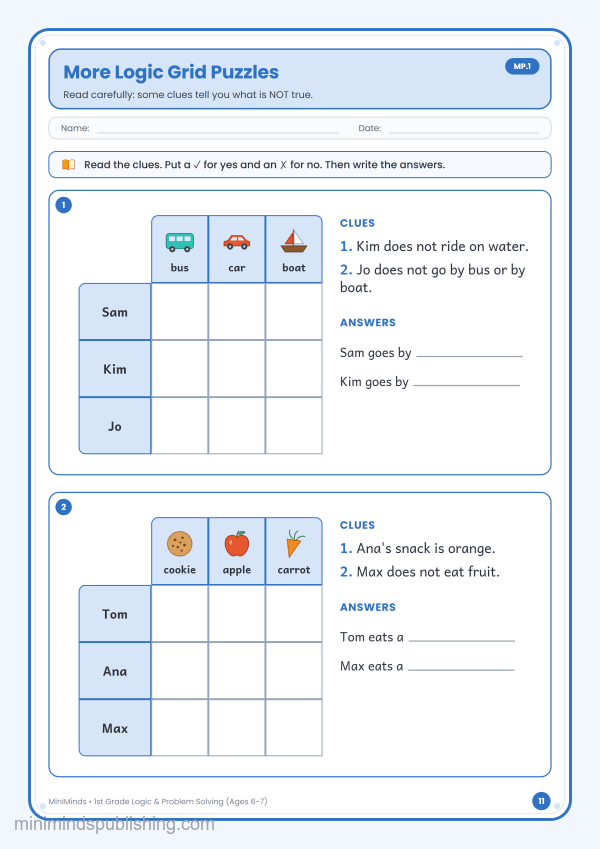 More Logic Grid Puzzles — free printable 1st Grade logic & problem solving worksheet for ages 6-7 (Common Core MP.1)