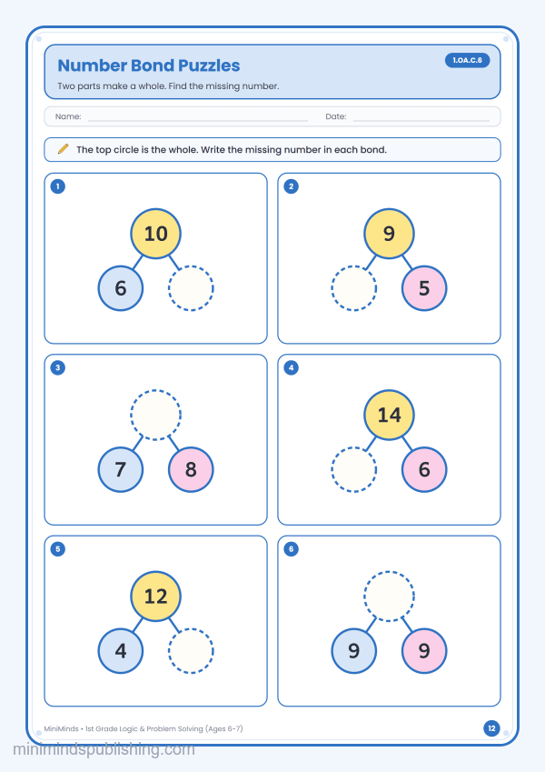 Number Bond Puzzles — free printable 1st Grade logic & problem solving worksheet for ages 6-7 (Common Core 1.OA.C.6)