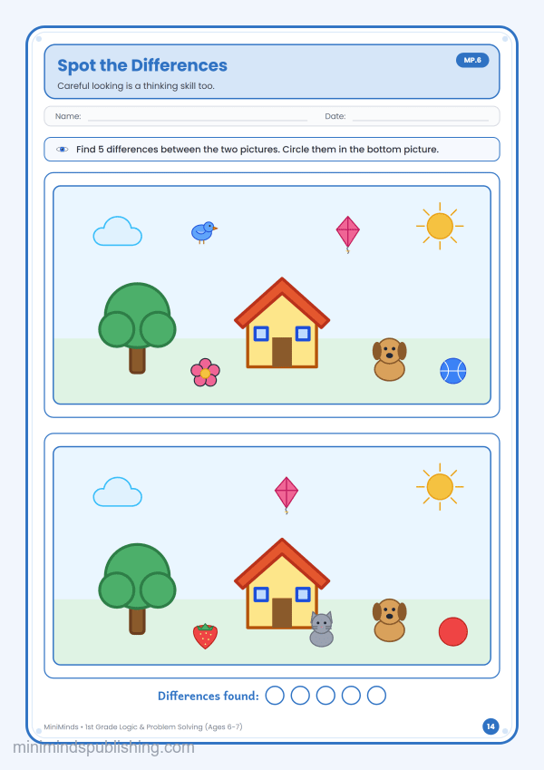 Spot the Differences — free printable 1st Grade logic & problem solving worksheet for ages 6-7 (Common Core MP.6)