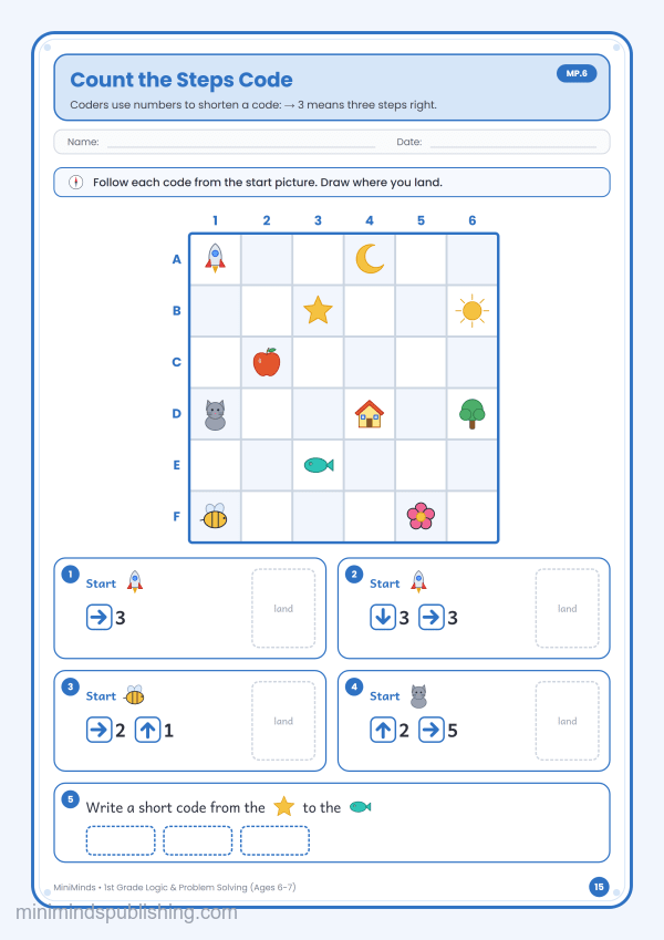 Count the Steps Code — free printable 1st Grade logic & problem solving worksheet for ages 6-7 (Common Core MP.6)