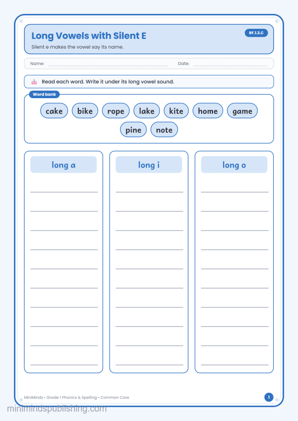Long Vowels with Silent E — free printable 1st Grade phonics & spelling worksheet for ages 6-7 (Common Core RF.1.3.C)