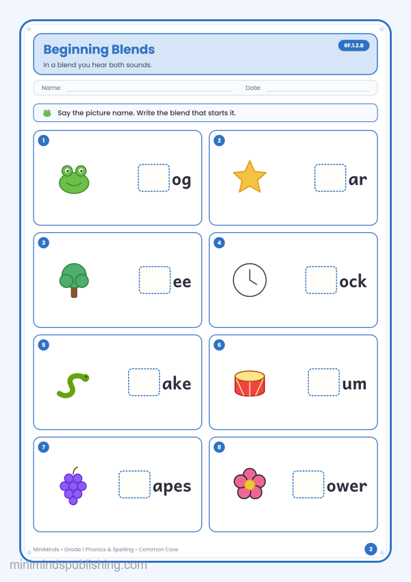 Beginning Blends — free printable 1st Grade phonics & spelling worksheet for ages 6-7 (Common Core RF.1.2.B)