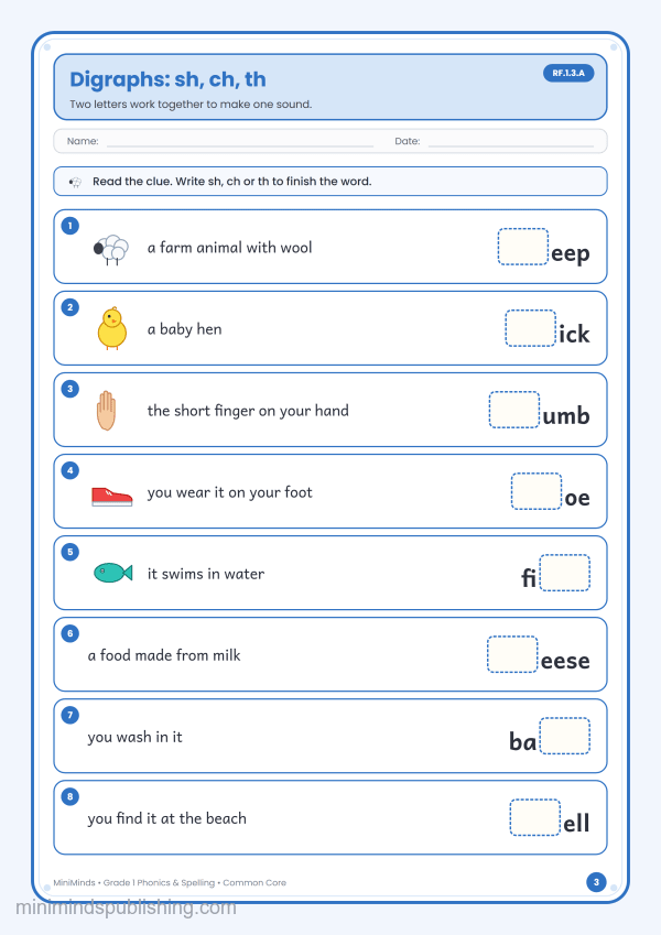 Digraphs: sh, ch, th — free printable 1st Grade phonics & spelling worksheet for ages 6-7 (Common Core RF.1.3.A)