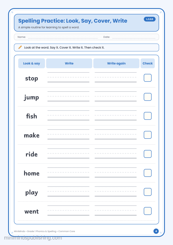 Spelling Practice: Look, Say, Cover, Write — free printable 1st Grade phonics & spelling worksheet for ages 6-7 (Common Core L.1.2.D)
