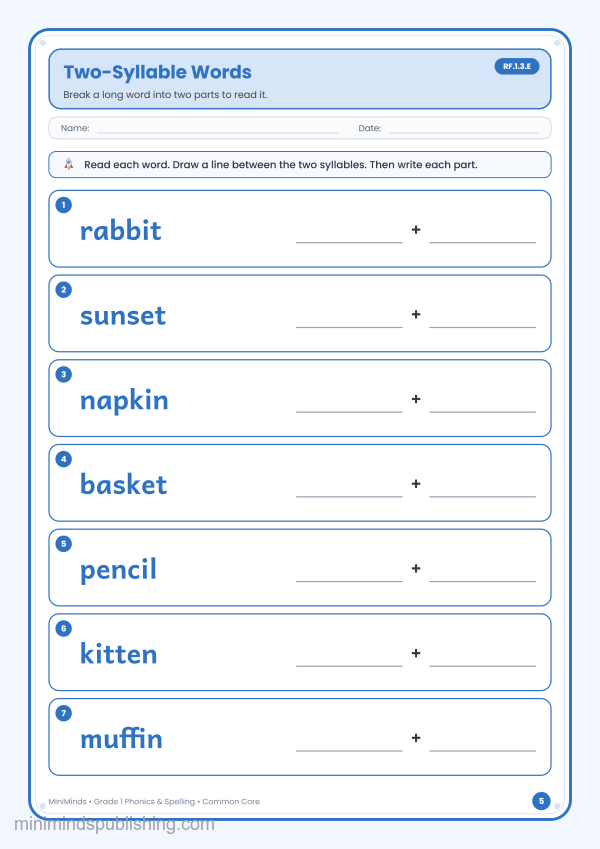 Two-Syllable Words — free printable 1st Grade phonics & spelling worksheet for ages 6-7 (Common Core RF.1.3.E)