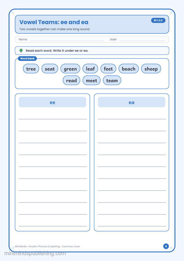 Vowel Teams: ee and ea — free printable 1st Grade phonics & spelling worksheet for ages 6-7 (Common Core RF.1.3.C)