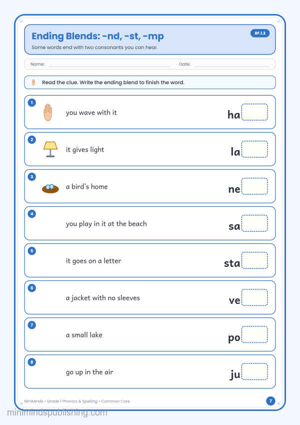 Ending Blends: -nd, -st, -mp — free printable 1st Grade phonics & spelling worksheet for ages 6-7 (Common Core RF.1.3)