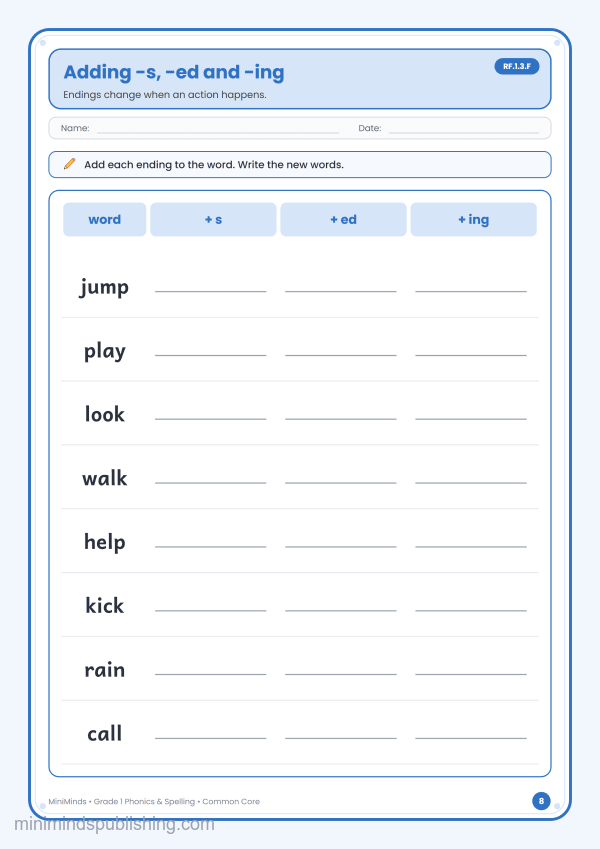 Adding -s, -ed and -ing — free printable 1st Grade phonics & spelling worksheet for ages 6-7 (Common Core RF.1.3.F)