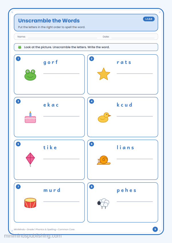 Unscramble the Words — free printable 1st Grade phonics & spelling worksheet for ages 6-7 (Common Core L.1.2.D)
