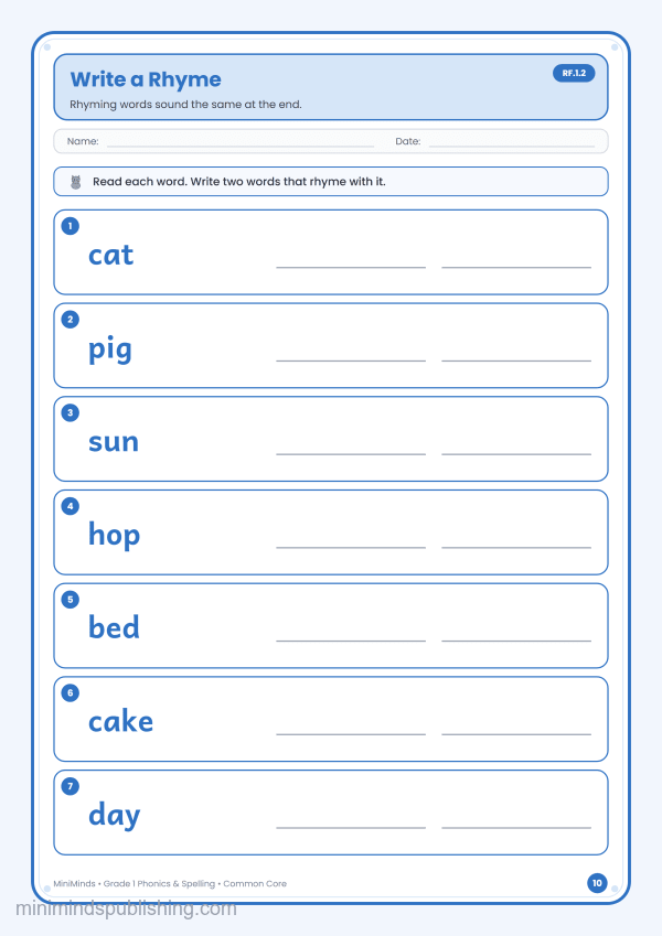 Write a Rhyme — free printable 1st Grade phonics & spelling worksheet for ages 6-7 (Common Core RF.1.2)