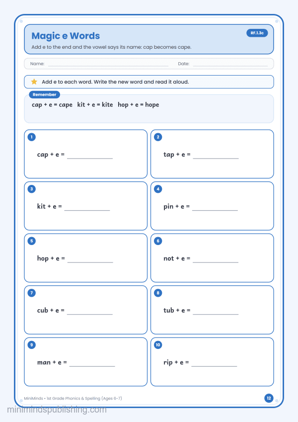 Magic e Words — free printable 1st Grade phonics & spelling worksheet for ages 6-7 (Common Core RF.1.3c)