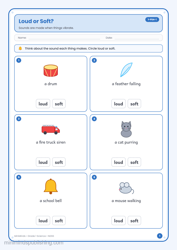 Loud or Soft? — free printable 1st Grade science worksheet for ages 6-7 (Common Core 1-PS4-1)