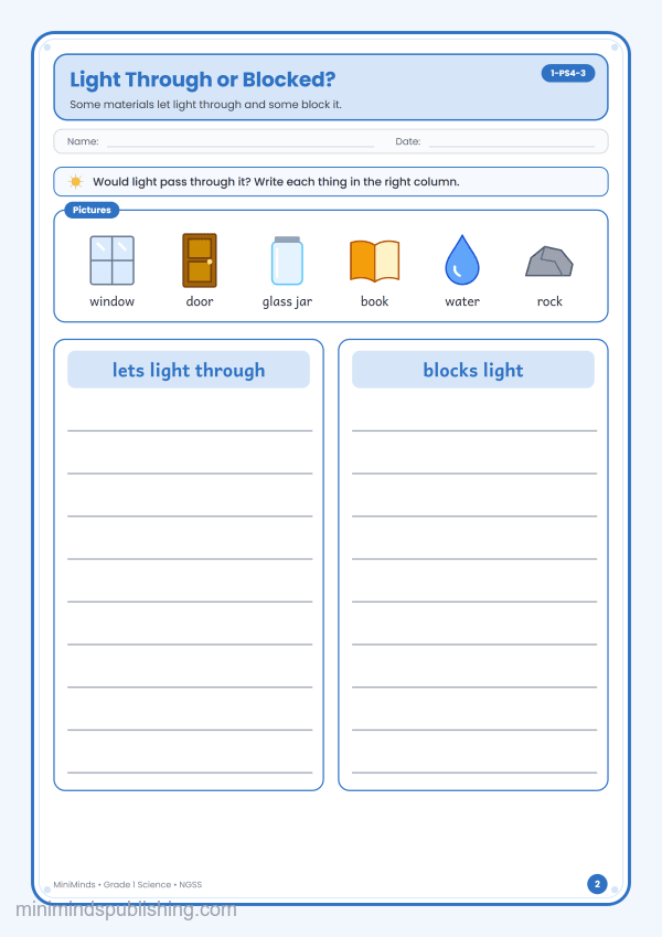 Light Through or Blocked? — free printable 1st Grade science worksheet for ages 6-7 (Common Core 1-PS4-3)