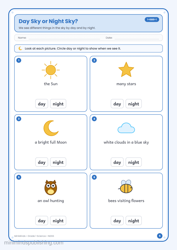 Day Sky or Night Sky? — free printable 1st Grade science worksheet for ages 6-7 (Common Core 1-ESS1-1)