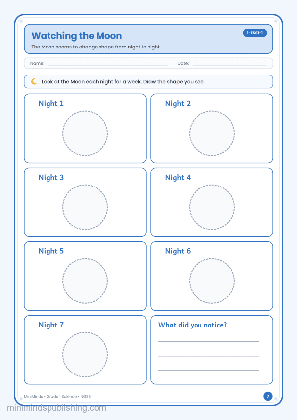 Watching the Moon — free printable 1st Grade science worksheet for ages 6-7 (Common Core 1-ESS1-1)